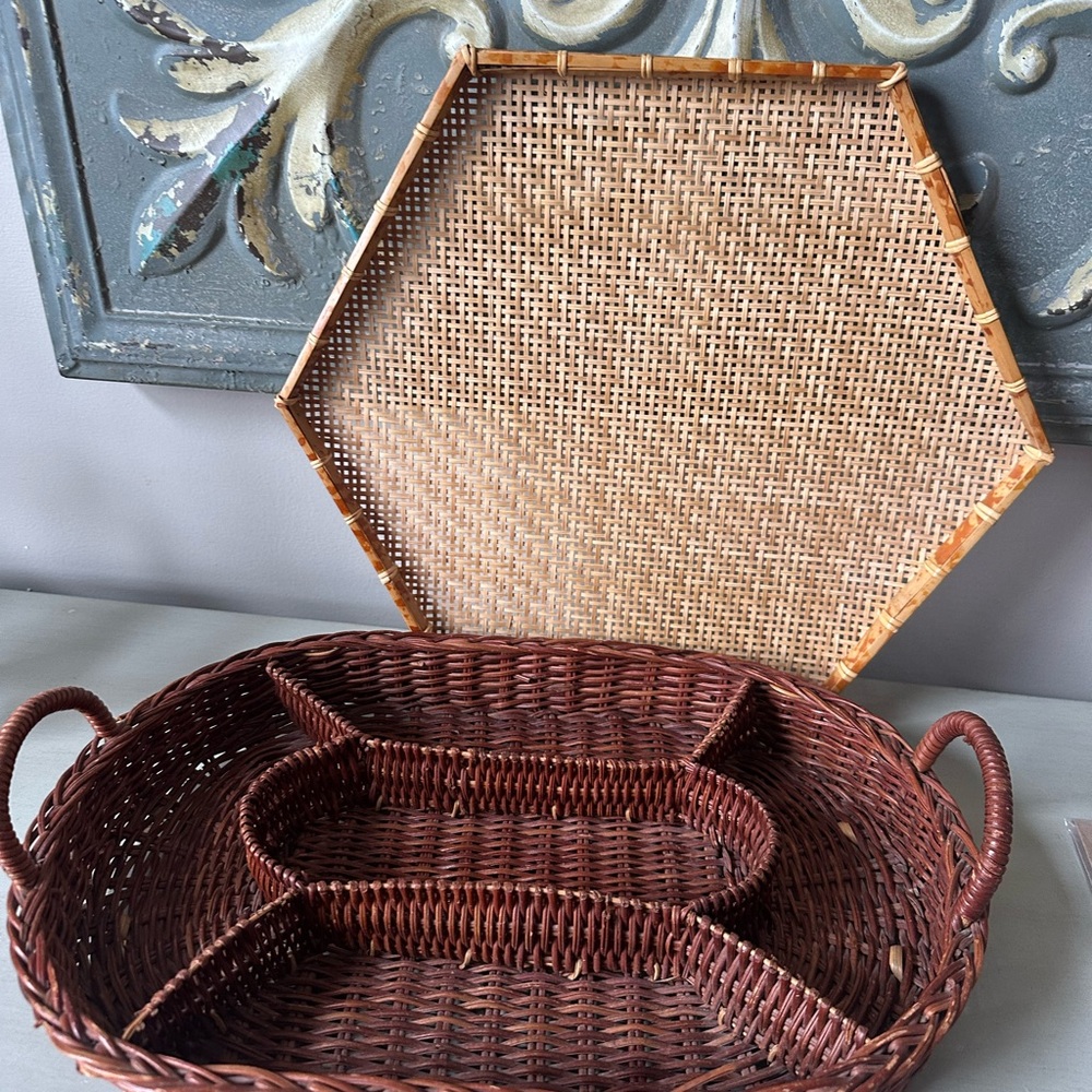 Vintage wicker divided serving tray and charger
